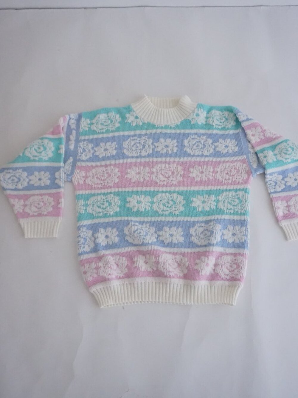 Vintage Pastel Floral Garden Stripe Sparkle Mock Neck Ribbed Knit Sweater M
